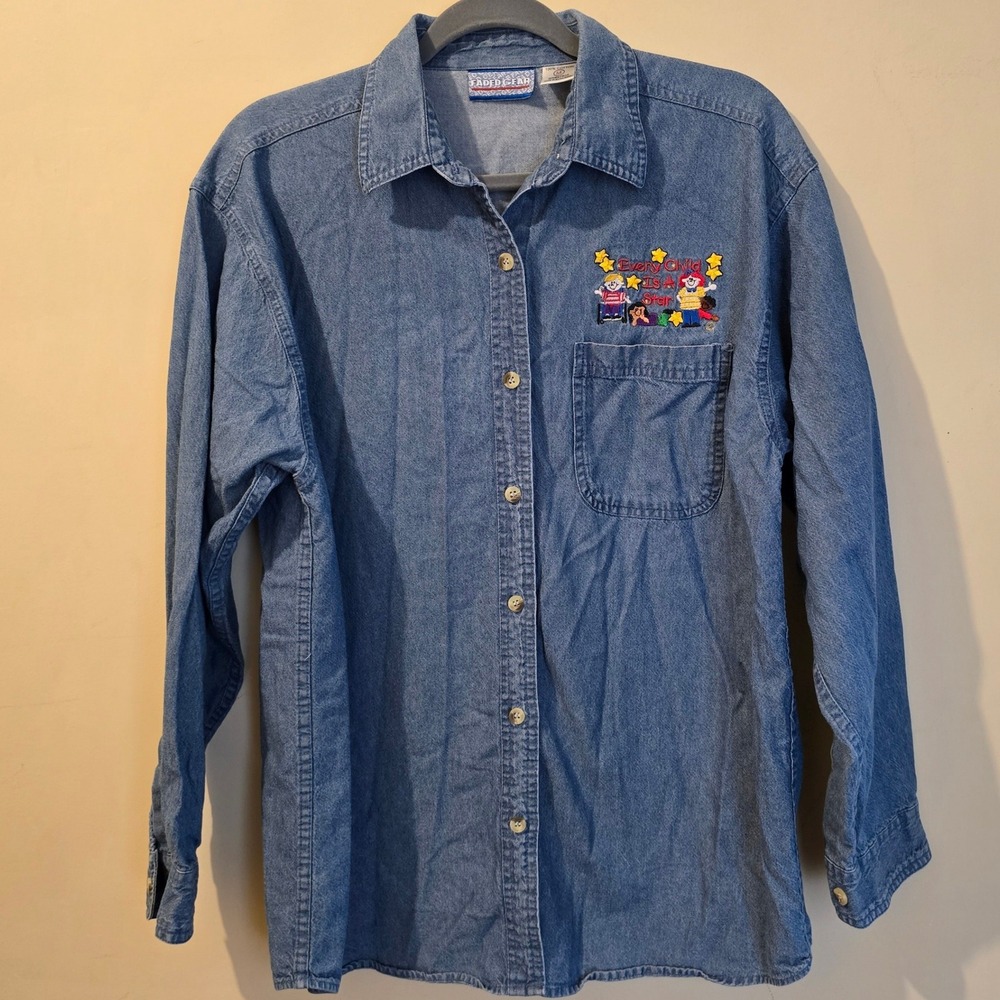 Vintage 90s Faded Gear Denim Shirt Womens Medium Blue Every Child Is A Star Top